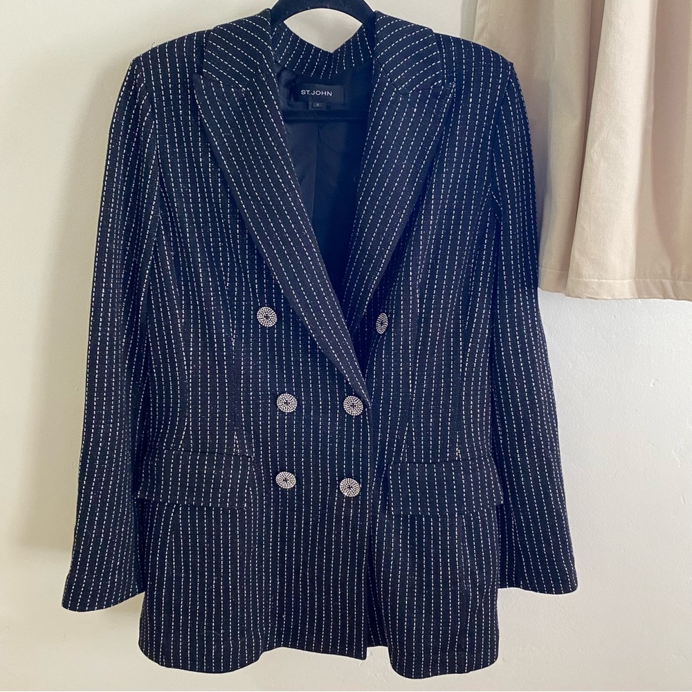 St. John Black Pinstripe Double-Breasted Blazer